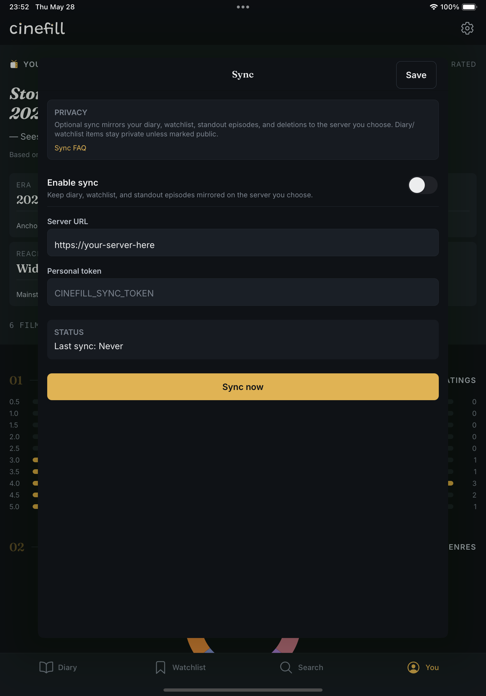 cinefill sync settings with server URL, token, connection check, and sync controls