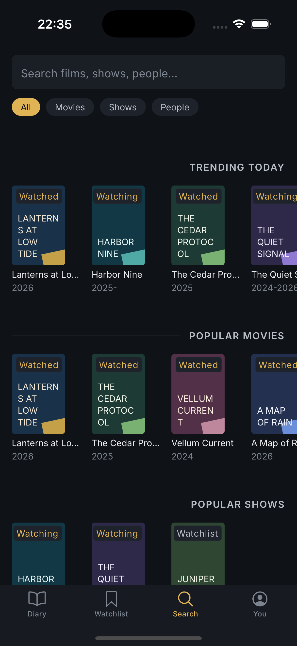 Search results — films, shows, and people from the online catalog