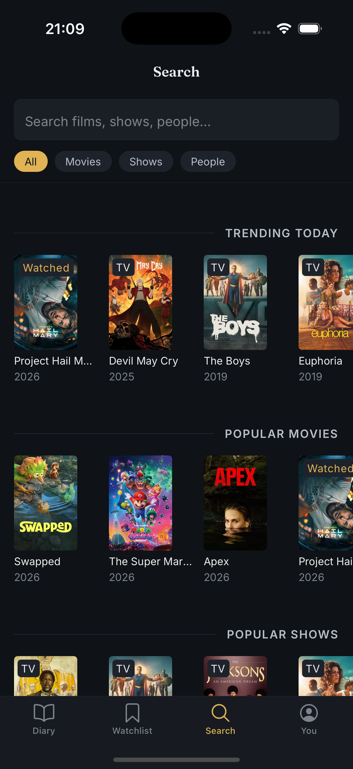 Search results — films, shows, and people from TMDB