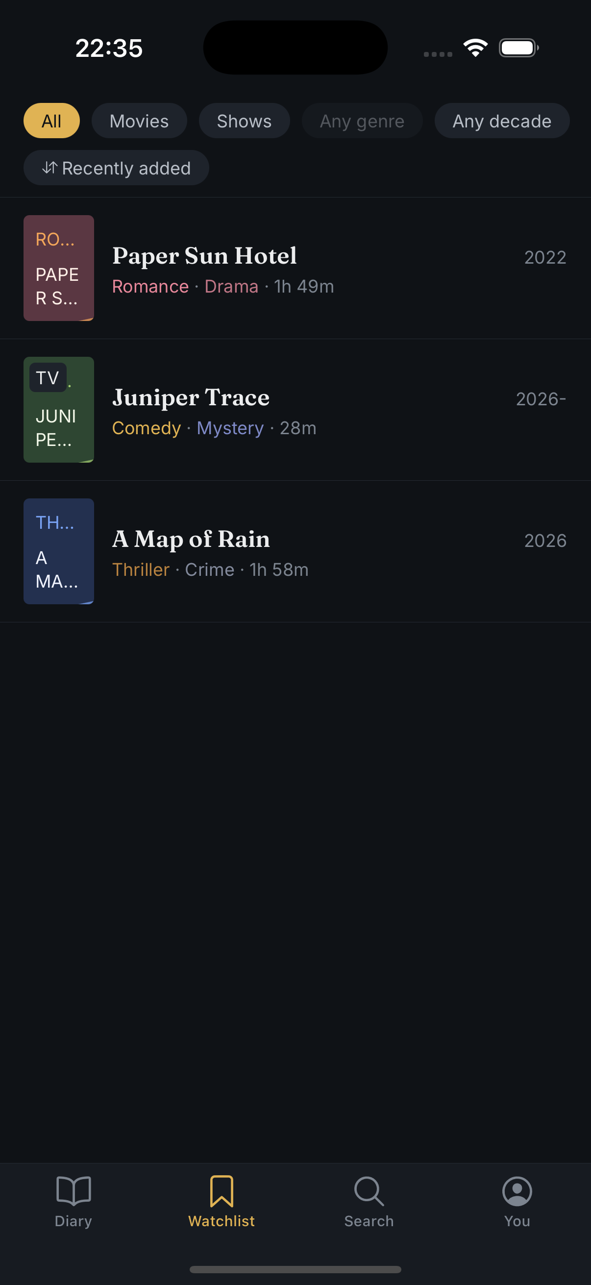 The Watchlist — genre + runtime on every row